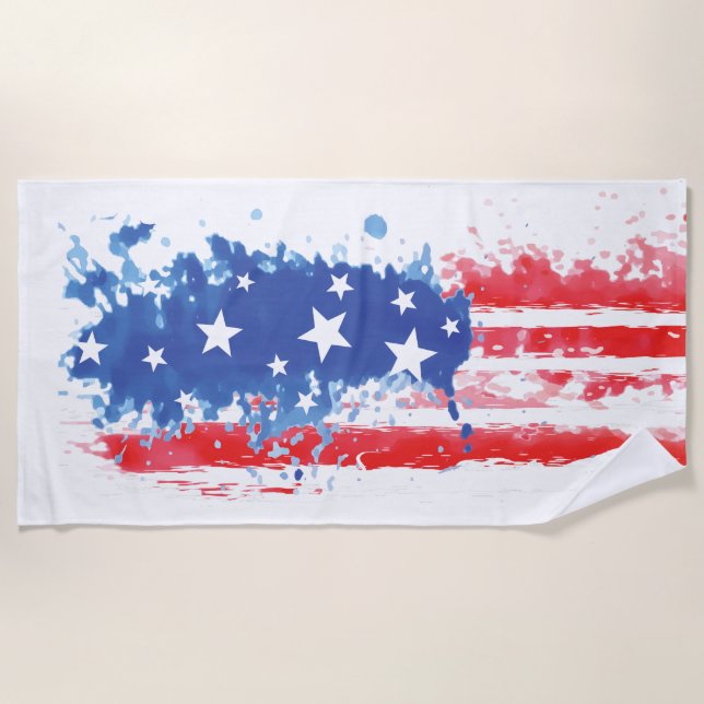 Red White and Blue American Flag Splatter Beach Towel (Front)