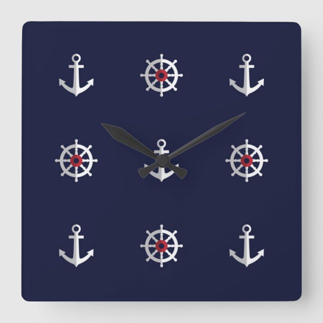 Red White And Blue Anchor Pattern Square Wall Clock (Front)