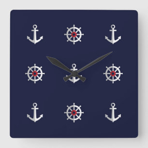 Red White And Blue Anchor Pattern Square Wall Clock
