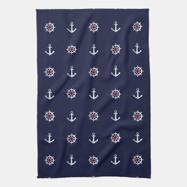 Red White And Blue Anchor Pattern Tea Towel (Vertical)