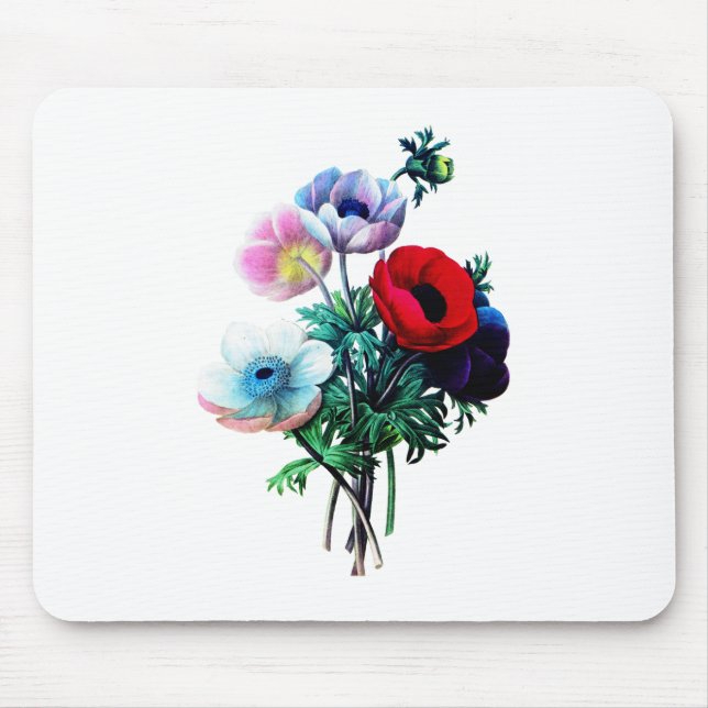 Red White And Blue Anemones by Redoute Mouse Pad (Front)