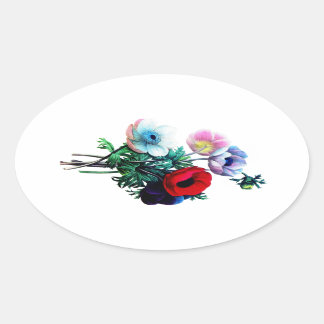 Red White And Blue Anemones by Redoute Oval Sticker