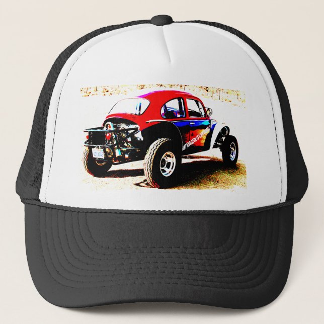 red white and blue baja bug in all categories trucker hat (Front)