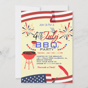 Red White and Blue BBQ Firework 4th of July Party Invitation