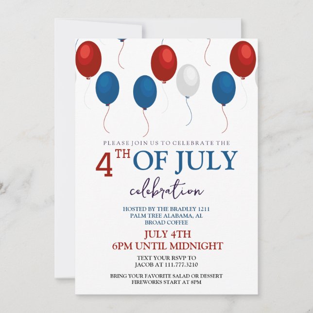 Red White and Blue BBQ Firework 4th of July Party Invitation (Front)