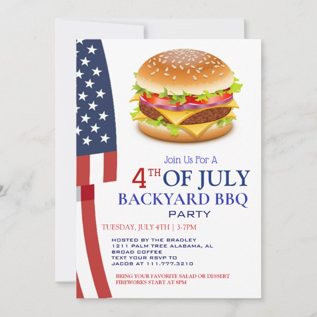 Red White and Blue BBQ Firework 4th of July Party Invitation (Front)
