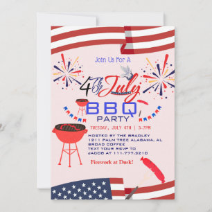 Red White and Blue BBQ Firework 4th of July Party Invitation