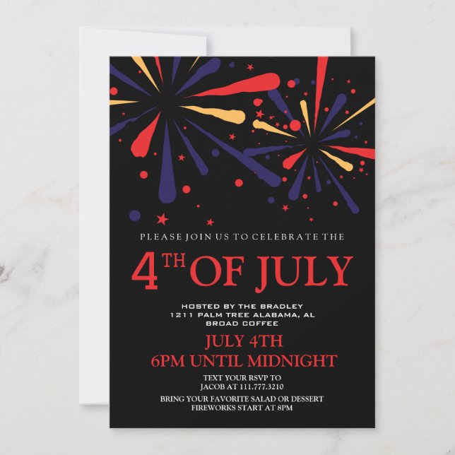 Red White and Blue BBQ Firework 4th of July Party Invitation (Front)