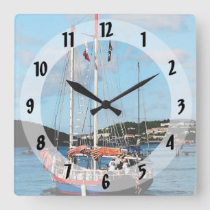 Red, White and Blue Boat at St. Thomas Square Wall Clock
