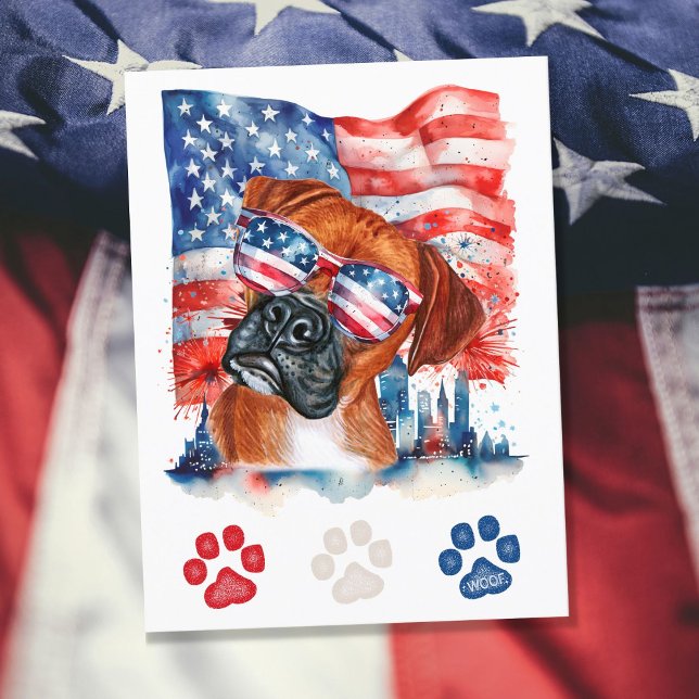 Red White and Blue Boxer Dog American 4th of July Holiday Postcard (Creator Uploaded)