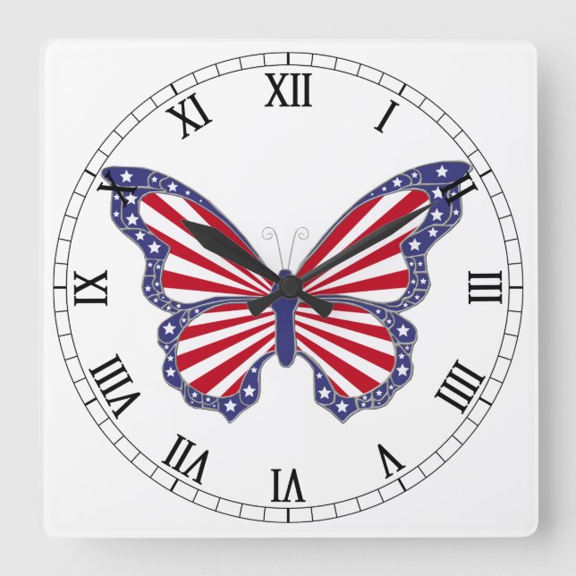 Red White And Blue Butterfly Roman Numerals Clock (Front)