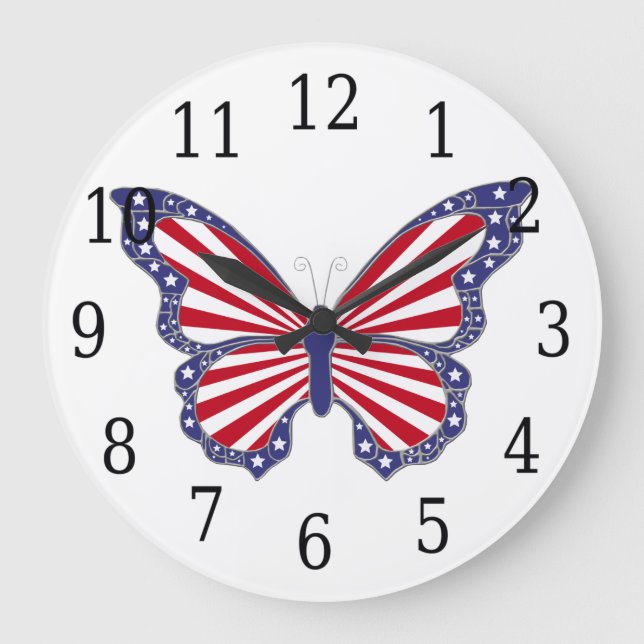 Red White And Blue Butterfly Round Clock (Front)