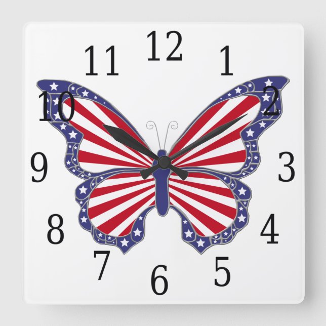 Red White And Blue Butterfly Square Clock (Front)