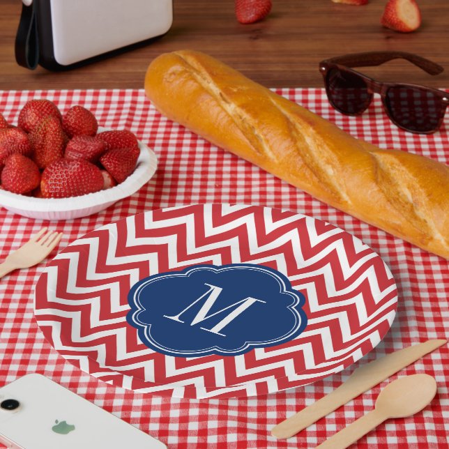 Red White and Blue Chevron Monogram Paper Plate (Picnic)