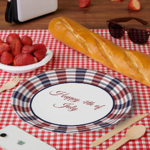 Red white and blue circle plaid custom paper plate