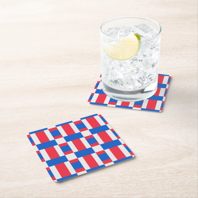 Red White And Blue Colour Blocked Print  Square Paper Coaster (Insitu)
