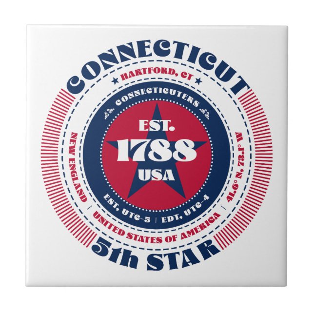 Red, White, and Blue Connecticut Ceramic Tile (Front)