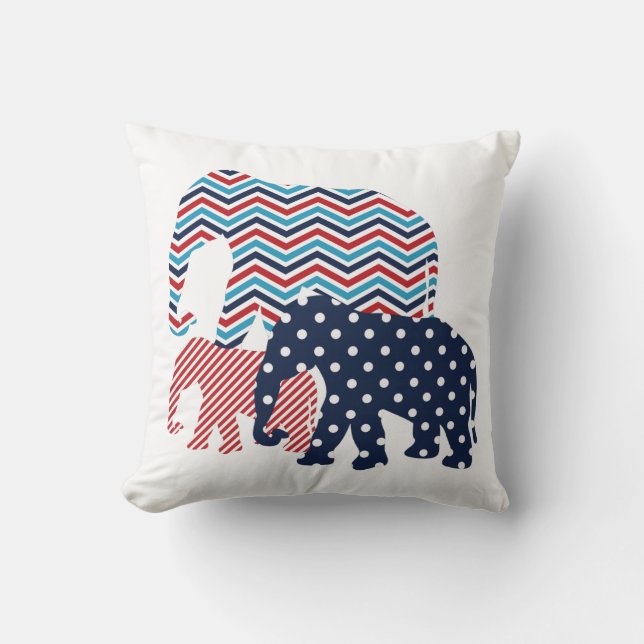 Red, White, and Blue Elephants Throw Pillow (Front)