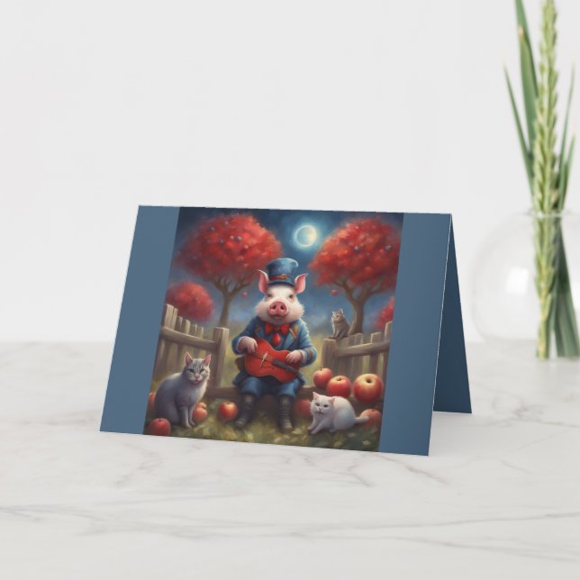 Red white and blue Fall apples and dapper Pig Holiday Card (Front)