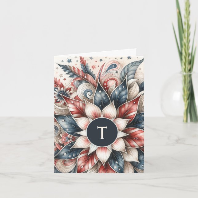 Red White and Blue Festive Monogram Note Card (Front)