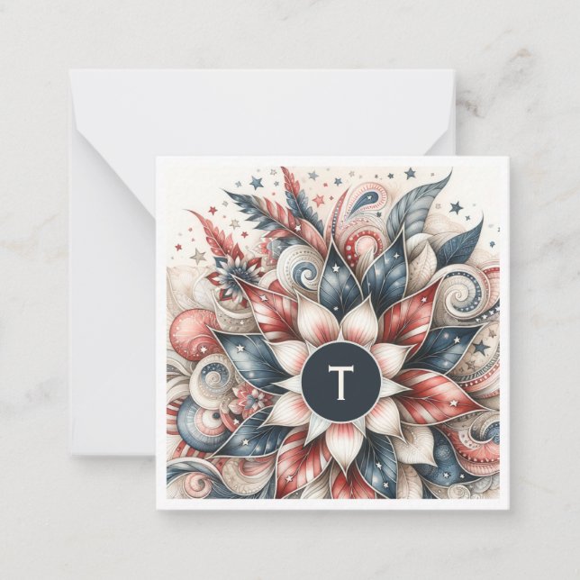 Red White and Blue Festive Monogram Note Card (Front)