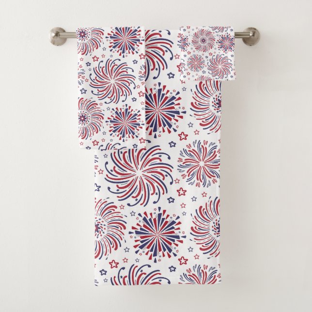 Red White and Blue Fireworks and Stars  Bath Towel Set (Insitu)