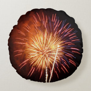 Red, White and Blue Fireworks I Patriotic Round Cushion