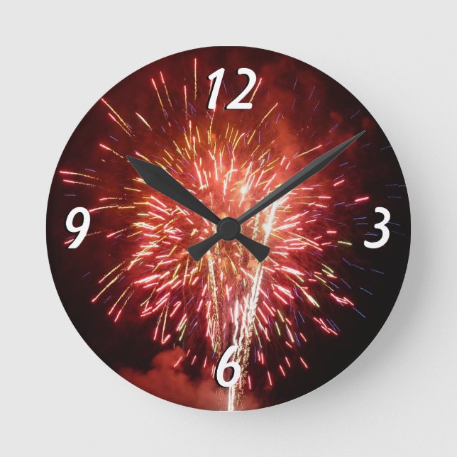 Red, White and Blue Fireworks II Patriotic Round Clock (Front)