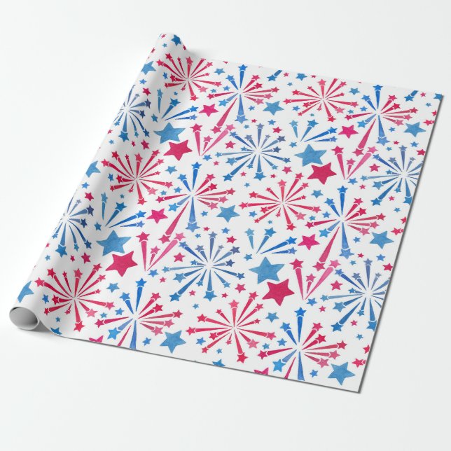 Red White and Blue Fireworks Watercolor Wrapping  Paper (Unrolled)
