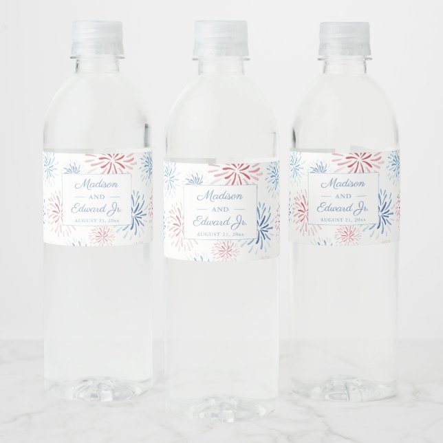 Red White And Blue Fireworks Wedding Shower Party Water Bottle Label (Bottles)