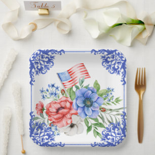 Red, White and Blue Floral American Flag Paper Plate