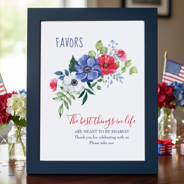 Red White and Blue Floral Favour Table Sign (Favor Table Sign with red white and blue floral bouquet - perfect for patriotic themed celebrations)