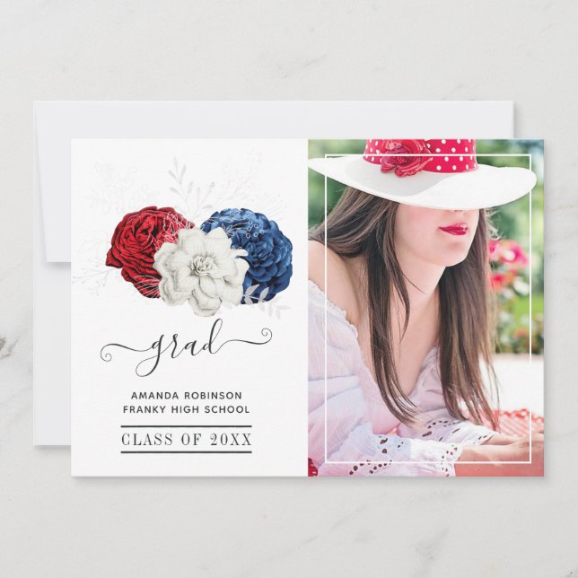 Red, White and Blue Floral Graduation Photo Announcement (Front)