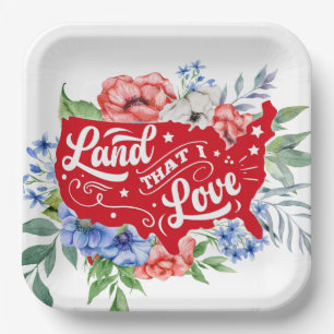 Red white and blue floral Land that I Love Paper Plate