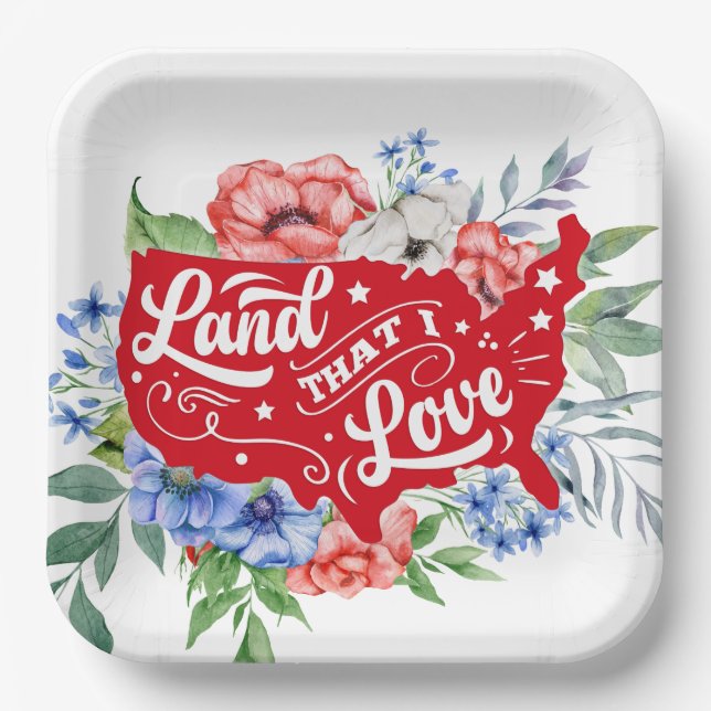 Red white and blue floral Land that I Love Paper Plate (Front)