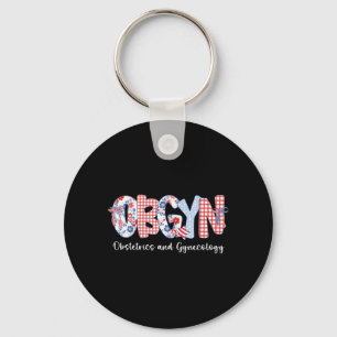 Red White and Blue Floral Patriotic OBGYN Nurse Key Ring