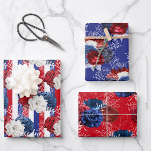 Red, White and Blue Floral USA Pattern Wrapping Paper Sheet