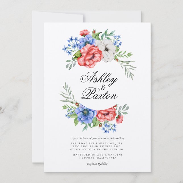 Red, White and Blue Floral Wedding Invitation (Front)
