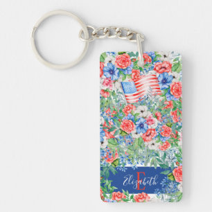 Red White And Blue Flowers Monogram 4th Of July Key Ring