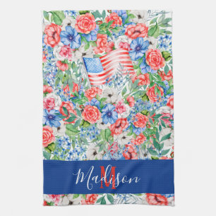 Red White And Blue Flowers Monogram 4th Of July Tea Towel