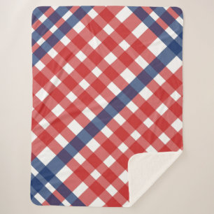 Red, White and Blue Gingham Plaid Americana Sherpa Blanket