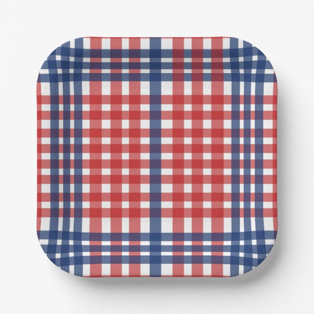 Red White and Blue Gingham Plaid Paper Plate (Front)