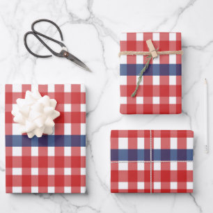 Red White and Blue Gingham Plaid Wrapping Paper Sheet