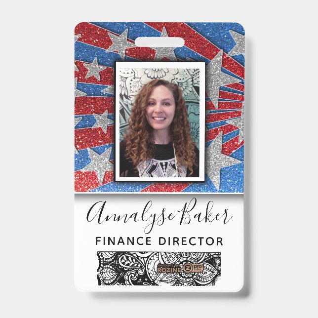 Red White and Blue Glitter Nurse USA Photo Name ID Badge (Front)