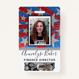 Red White and Blue Glitter Nurse USA Photo Name ID Badge