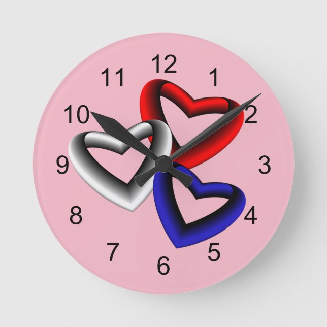 Red White and Blue Gradient Hearts Round Clock (Front)