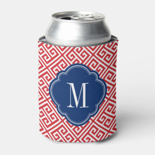 Red White and Blue Greek Key Monogram Can Cooler