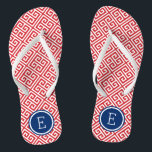 Red White and Blue Greek Key Monogram Jandals<br><div class="desc">Custom printed flip flop sandals with a stylish modern Greek key pattern and your custom monogram or other text in a circle frame. Click Customise It to change text fonts and colours or add your own images to create a unique one of a kind design!</div>