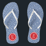 Red White and Blue Greek Key Monogram Jandals<br><div class="desc">Custom printed flip flop sandals with a stylish modern Greek key pattern and your custom monogram or other text in a circle frame. Click Customise It to change text fonts and colours or add your own images to create a unique one of a kind design!</div>