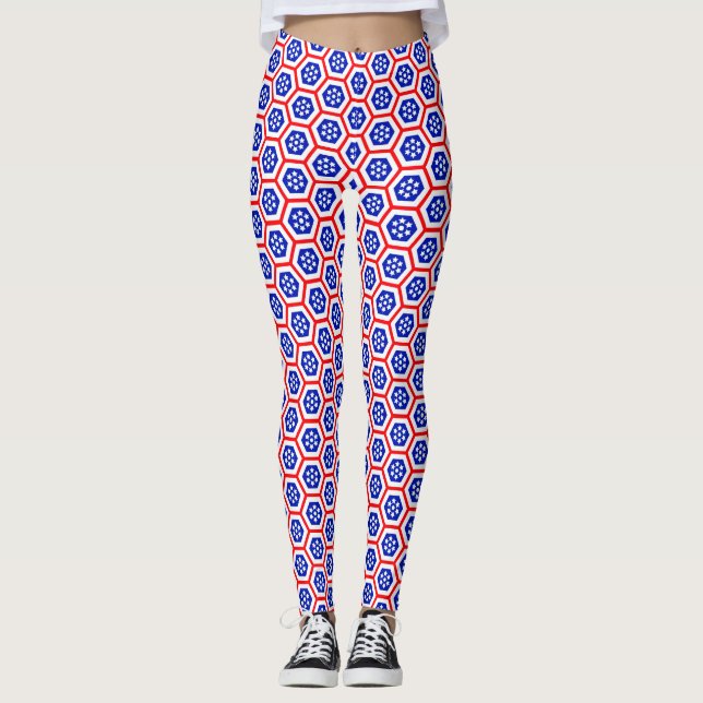 Red White and Blue hexagon pattern Leggings (Front)